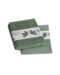 DDDDD keukenset froggy, kikker in de kleur, groen, laurel bestaande uit ; keukendoek 50x55 6 stuks  en theedoek 60x65 6 stuks